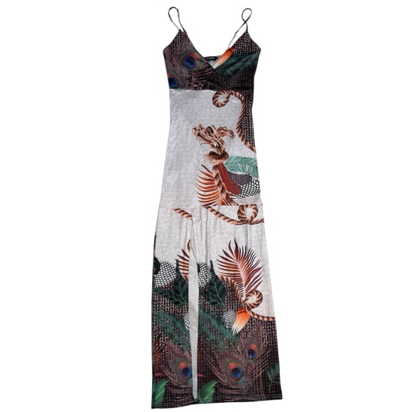 Multicolor Feather Pattern Cut Out Slit Maxi Dress - Picture 1 of 8